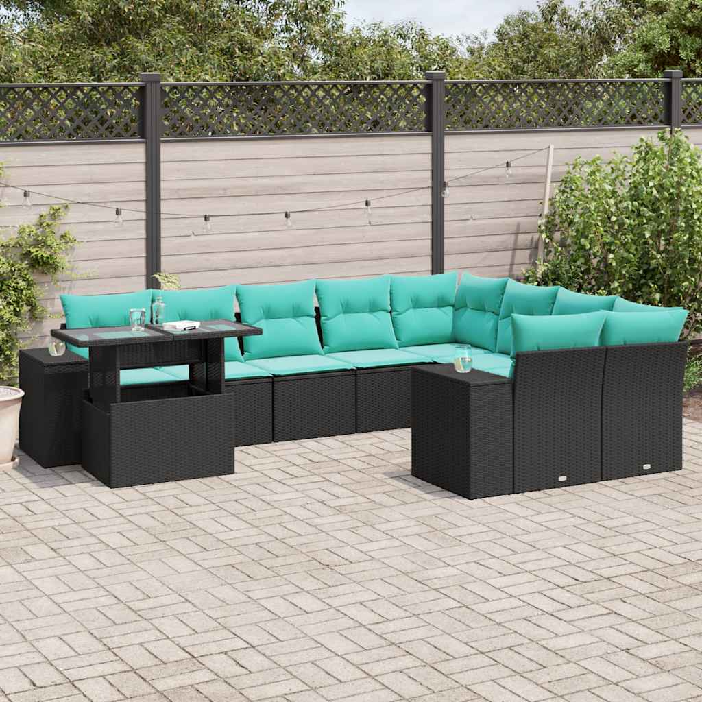 10-delige tuinbankset met kussens van zwart polyrotan is nu te koop bij PeponiXL, paradijselijk wonen!