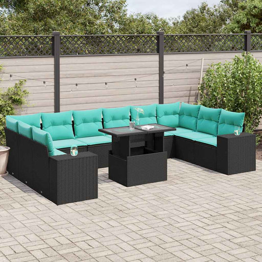 11-delige tuinbankset met kussens, zwart polyrotan is nu te koop bij PeponiXL, paradijselijk wonen!