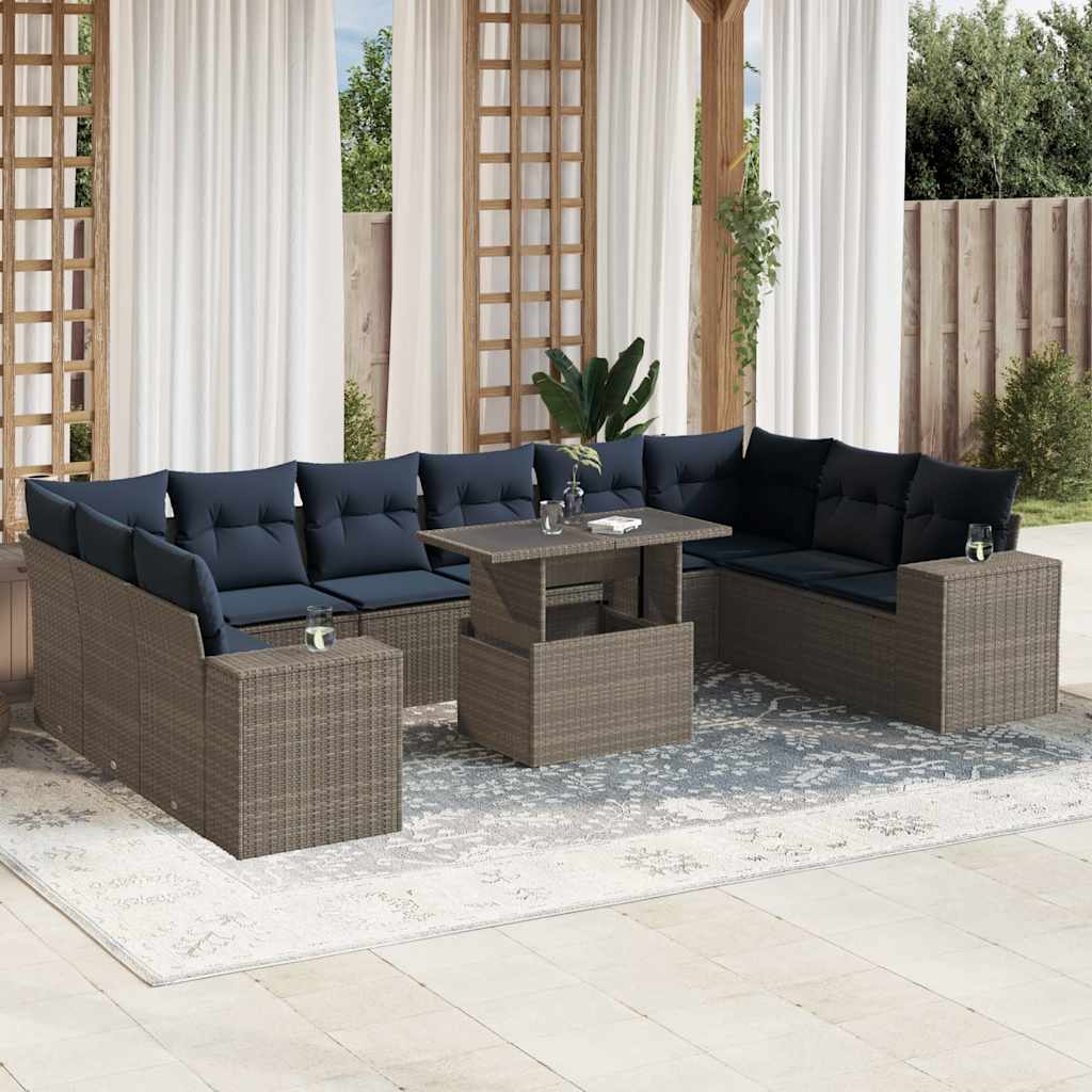 11-delige tuinbankset met kussens, grijs polyrotan is nu te koop bij PeponiXL, paradijselijk wonen!