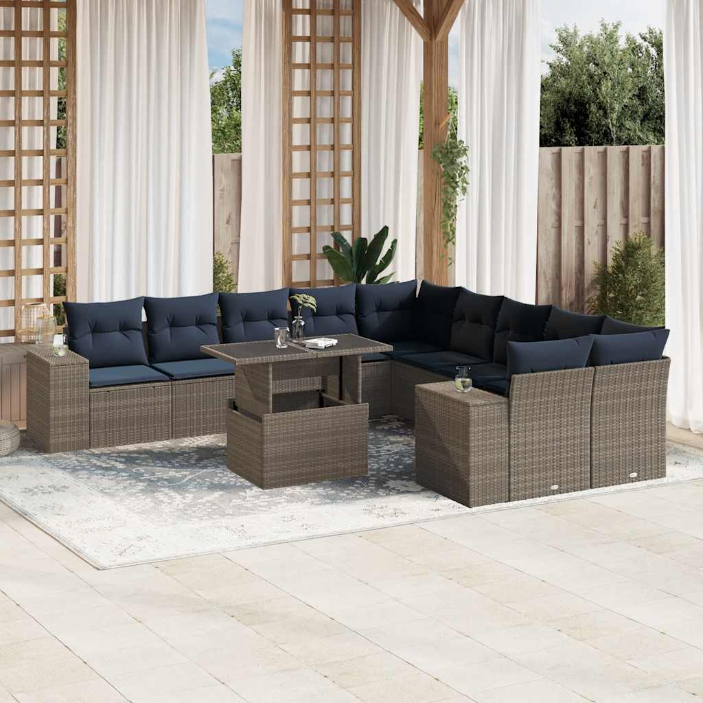 11-delige tuinbankset met kussens, grijs polyrotan is nu te koop bij PeponiXL, paradijselijk wonen!