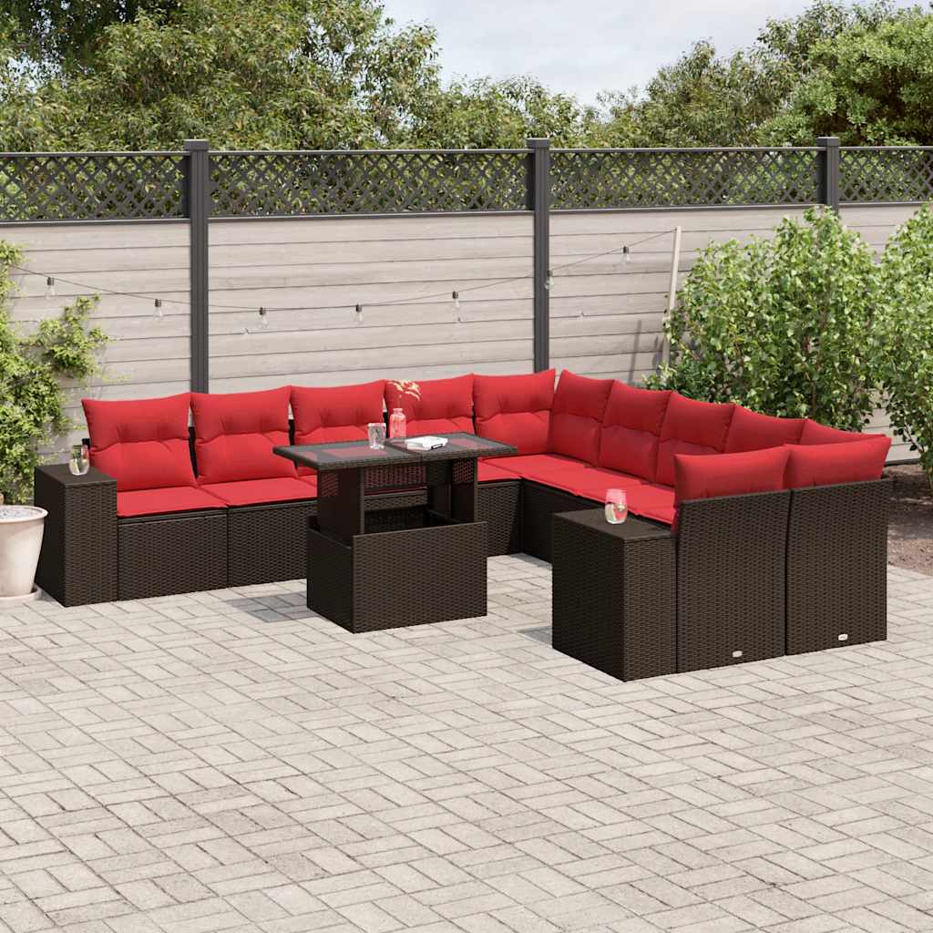11-delige tuinbankset met kussens, bruin polyrotan is nu te koop bij PeponiXL, paradijselijk wonen!