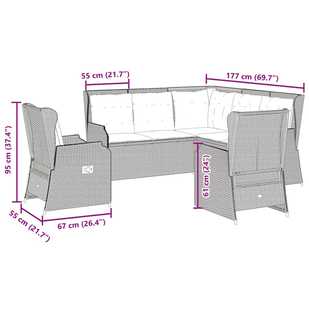 5-delige Loungeset met kussens poly rattan grijs
