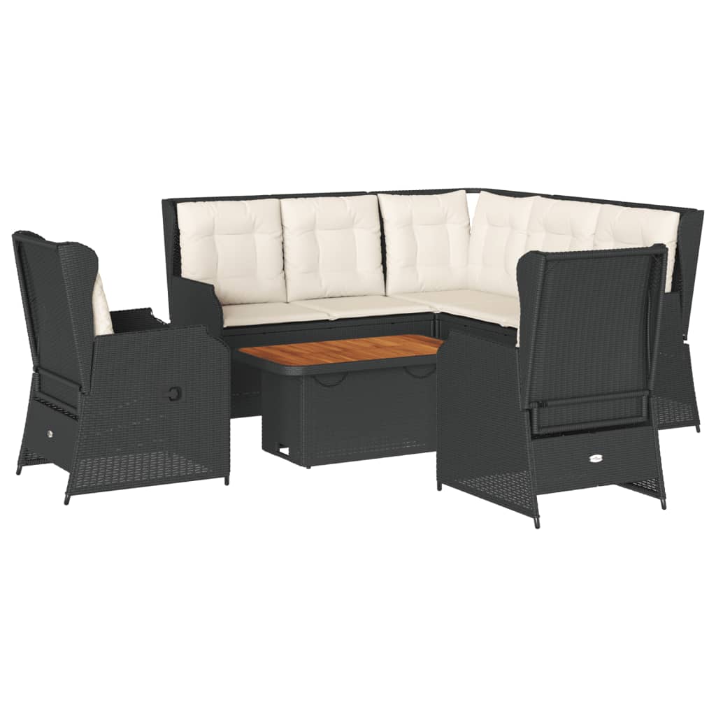 6-delige Loungeset met kussens poly rattan zwart