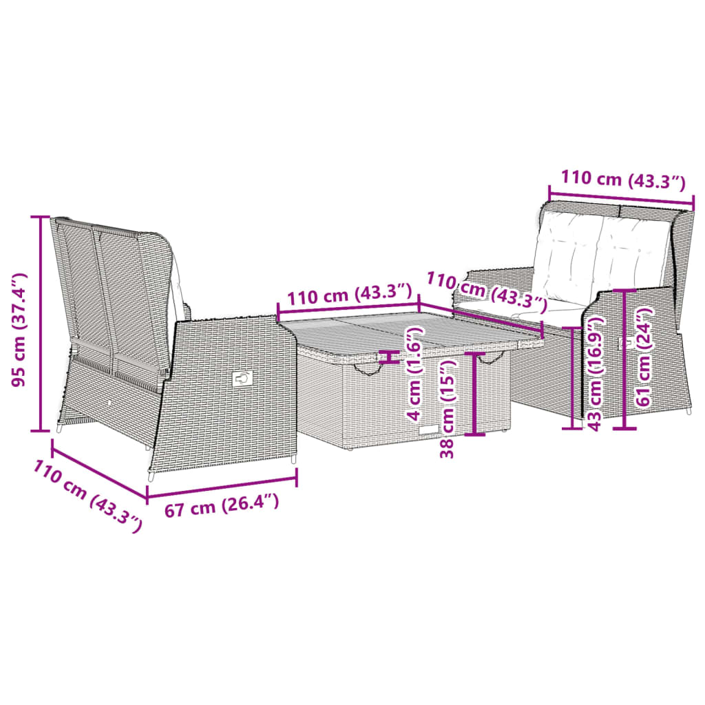 3-delige Loungeset met kussens poly rattan zwart is nu te koop bij PeponiXL, paradijselijk wonen!