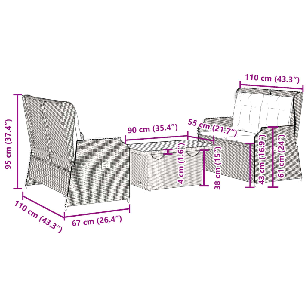 3-delige Loungeset met kussens poly rattan grijs is nu te koop bij PeponiXL, paradijselijk wonen!