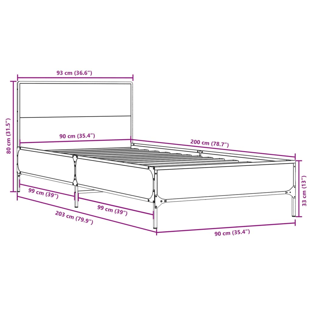Bedframe bewerkt hout en metaal sonoma eikenkleurig 90x200 cm is nu te koop bij PeponiXL, paradijselijk wonen!