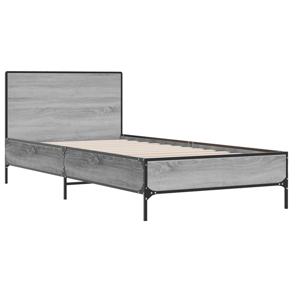 Bedframe bewerkt hout en metaal grijs sonoma eiken 90x200 cm is nu te koop bij PeponiXL, paradijselijk wonen!