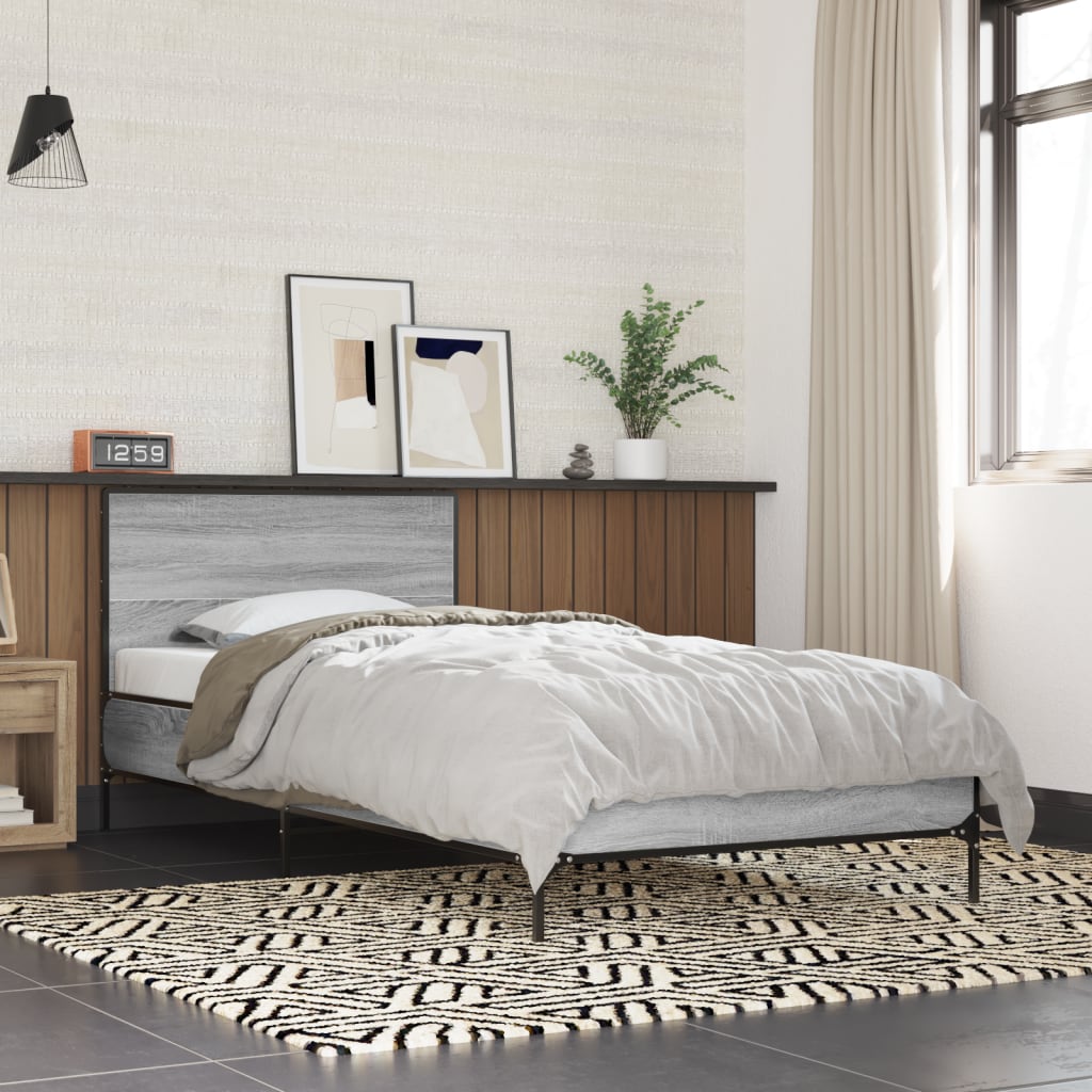 Bedframe bewerkt hout en metaal grijs sonoma eiken 90x200 cm is nu te koop bij PeponiXL, paradijselijk wonen!