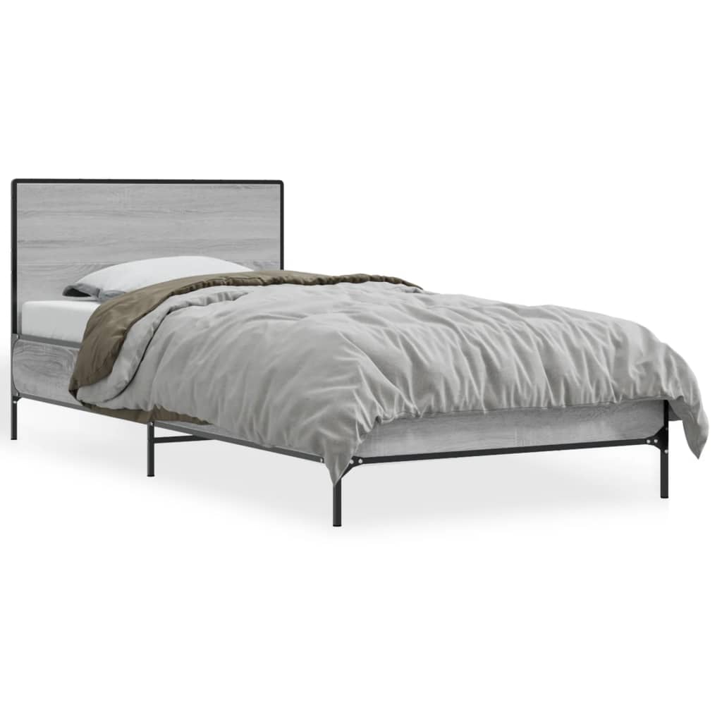 Bedframe bewerkt hout en metaal grijs sonoma eiken 90x200 cm is nu te koop bij PeponiXL, paradijselijk wonen!