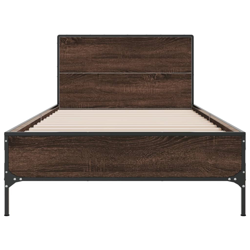 Bedframe bewerkt hout en metaal bruin eikenkleurig 90x200 cm is nu te koop bij PeponiXL, paradijselijk wonen!