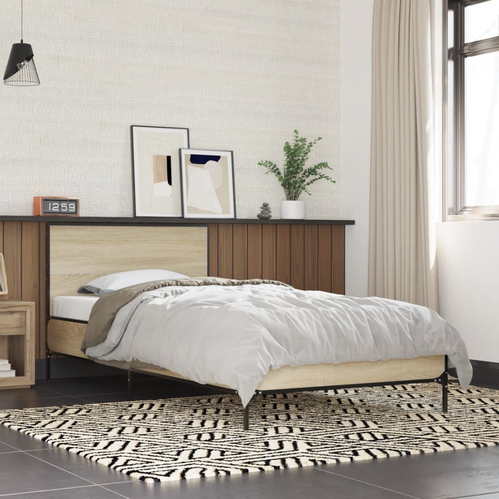 Bedframe bewerkt hout en metaal sonoma eikenkleurig 100x200 cm is nu te koop bij PeponiXL, paradijselijk wonen!