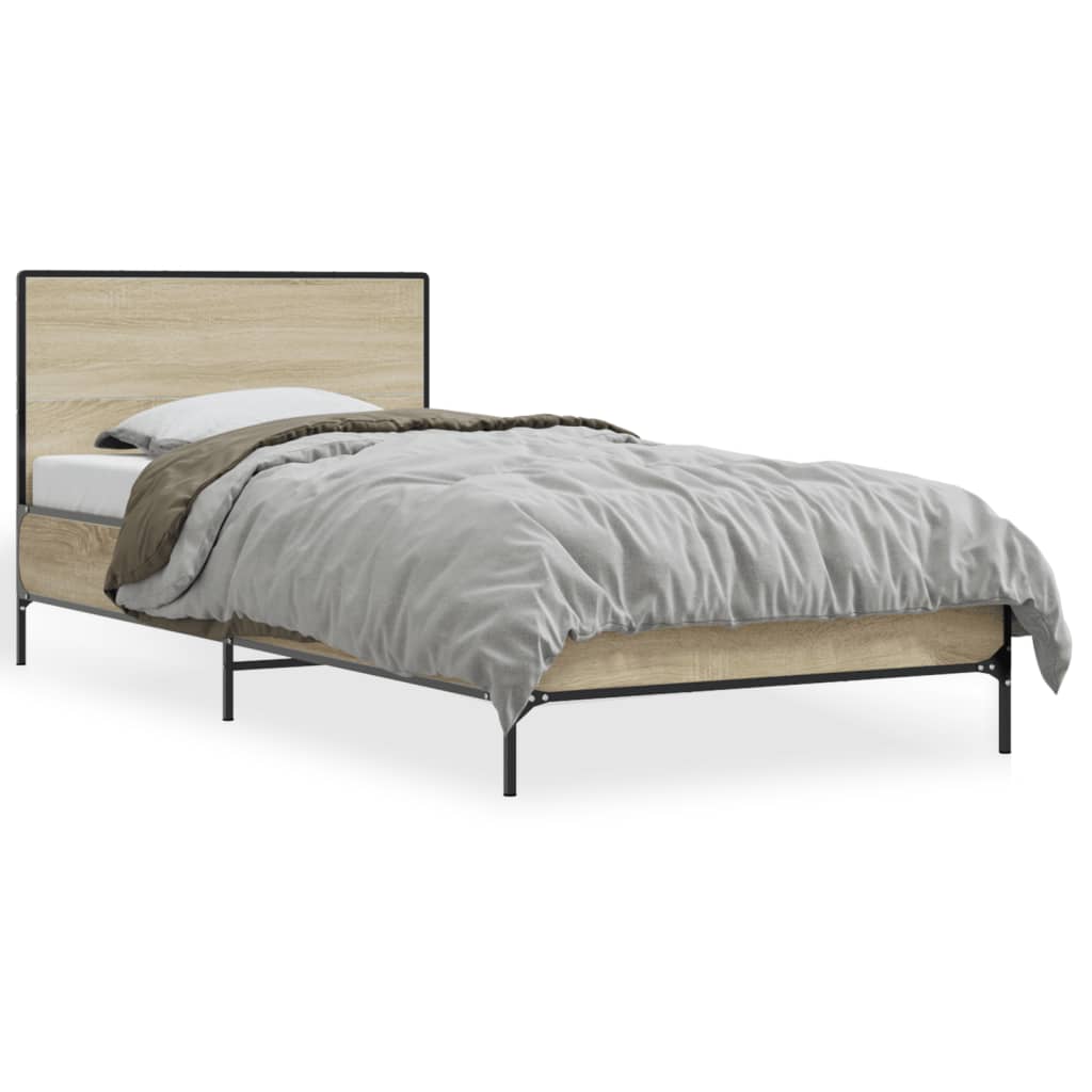 Bedframe bewerkt hout en metaal sonoma eikenkleurig 100x200 cm is nu te koop bij PeponiXL, paradijselijk wonen!