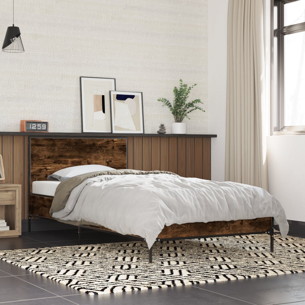 Bedframe bewerkt hout en metaal gerookt eikenkleurig 100x200 cm is nu te koop bij PeponiXL, paradijselijk wonen!