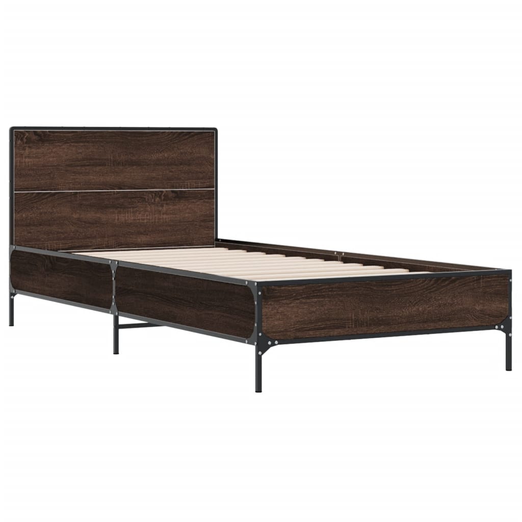 Bedframe bewerkt hout en metaal bruin eikenkleurig 100x200 cm is nu te koop bij PeponiXL, paradijselijk wonen!