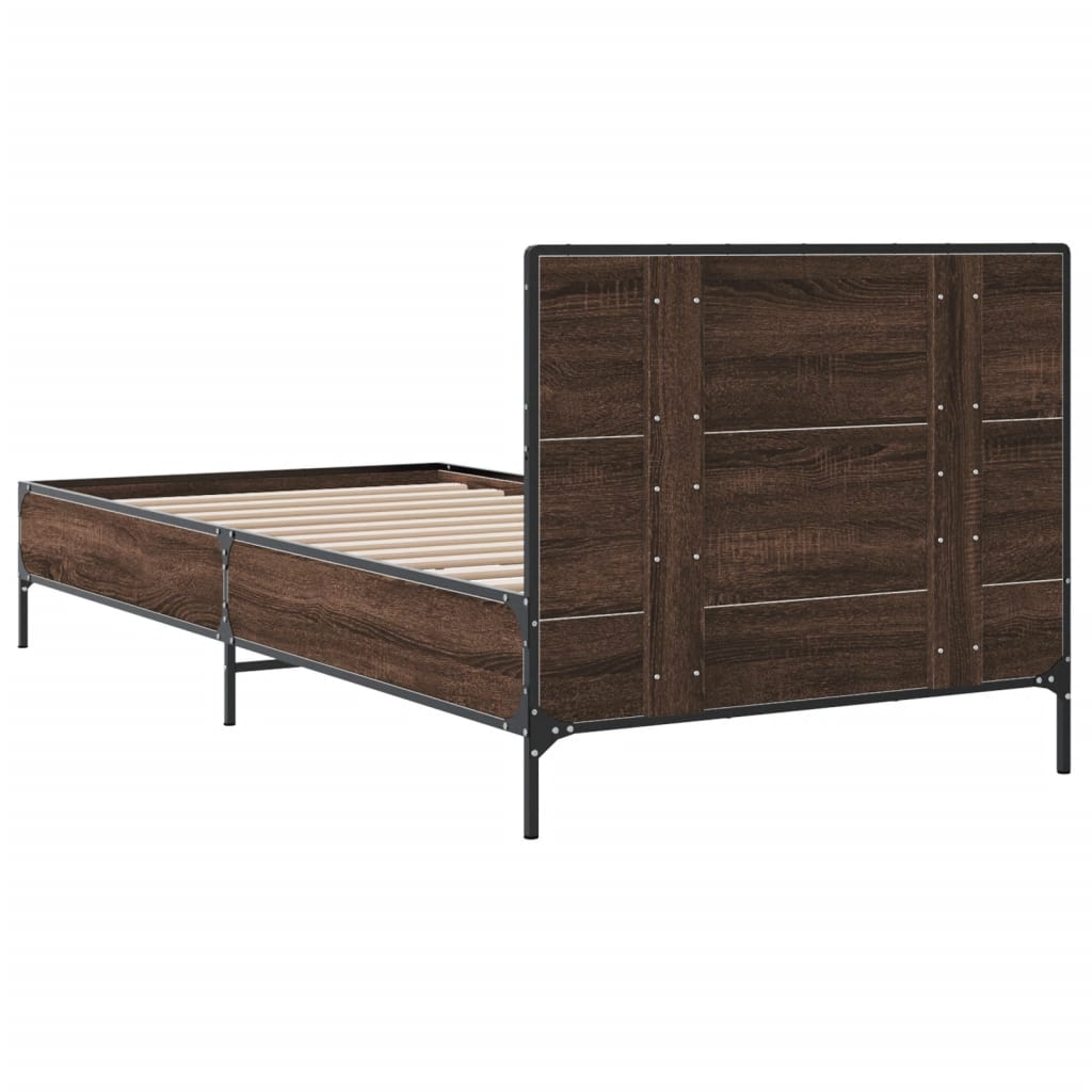 Bedframe bewerkt hout en metaal bruin eikenkleurig 100x200 cm is nu te koop bij PeponiXL, paradijselijk wonen!