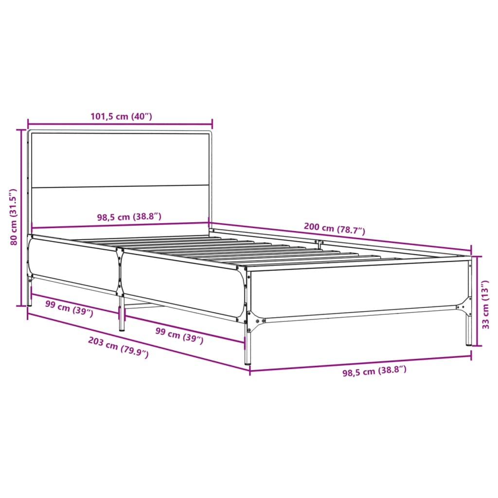 Bedframe bewerkt hout en metaal bruin eikenkleurig 100x200 cm is nu te koop bij PeponiXL, paradijselijk wonen!