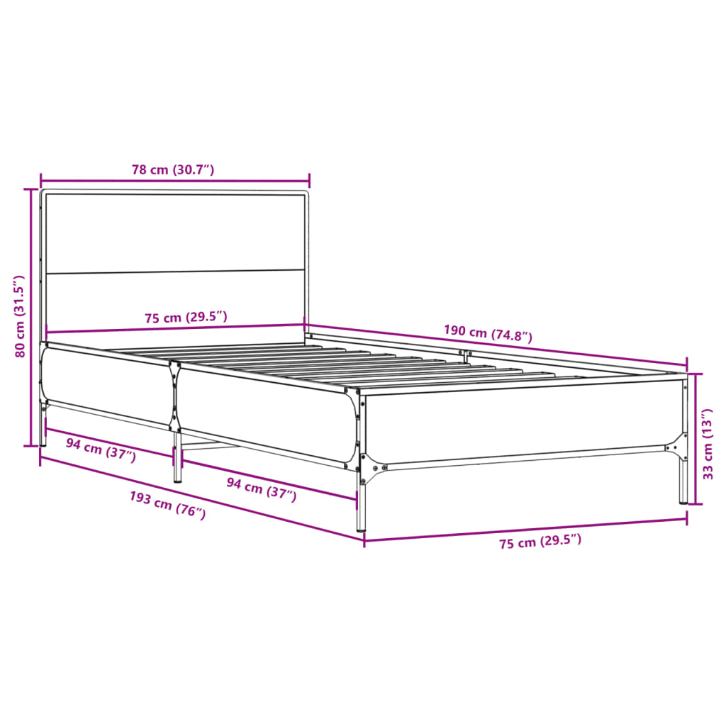Bedframe bewerkt hout en metaal zwart 75x190 cm is nu te koop bij PeponiXL, paradijselijk wonen!