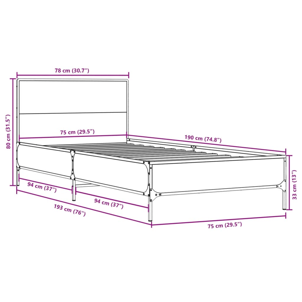 Bedframe bewerkt hout en metaal sonoma eikenkleurig 75x190 cm is nu te koop bij PeponiXL, paradijselijk wonen!