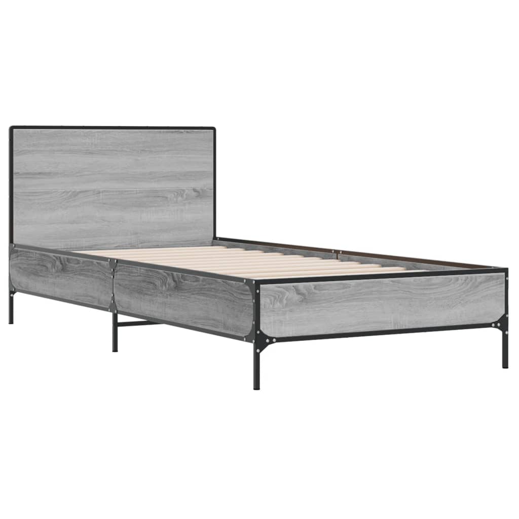 Bedframe bewerkt hout en metaal grijs sonoma eiken 75x190 cm is nu te koop bij PeponiXL, paradijselijk wonen!