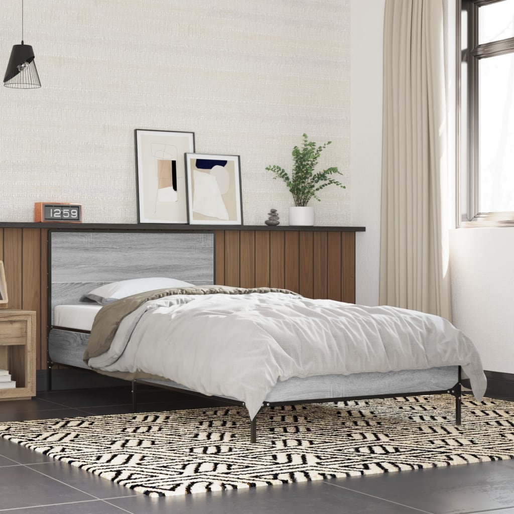 Bedframe bewerkt hout en metaal grijs sonoma eiken 75x190 cm is nu te koop bij PeponiXL, paradijselijk wonen!