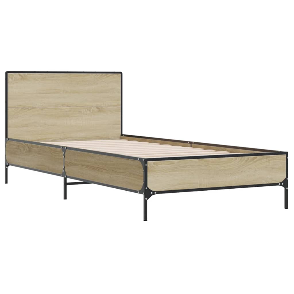 Bedframe bewerkt hout en metaal sonoma eikenkleurig 90x190 cm is nu te koop bij PeponiXL, paradijselijk wonen!