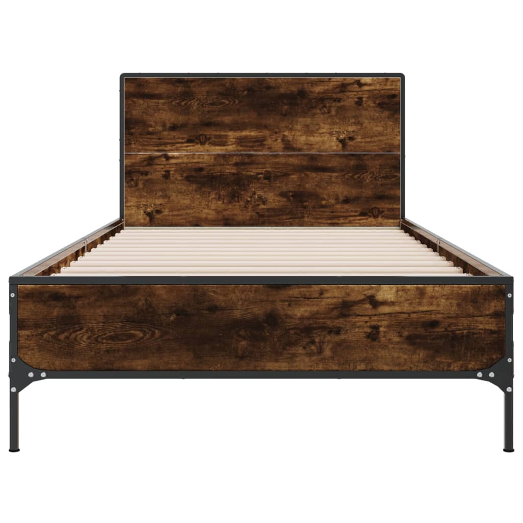 Bedframe bewerkt hout en metaal gerookt eikenkleurig 90x190 cm is nu te koop bij PeponiXL, paradijselijk wonen!