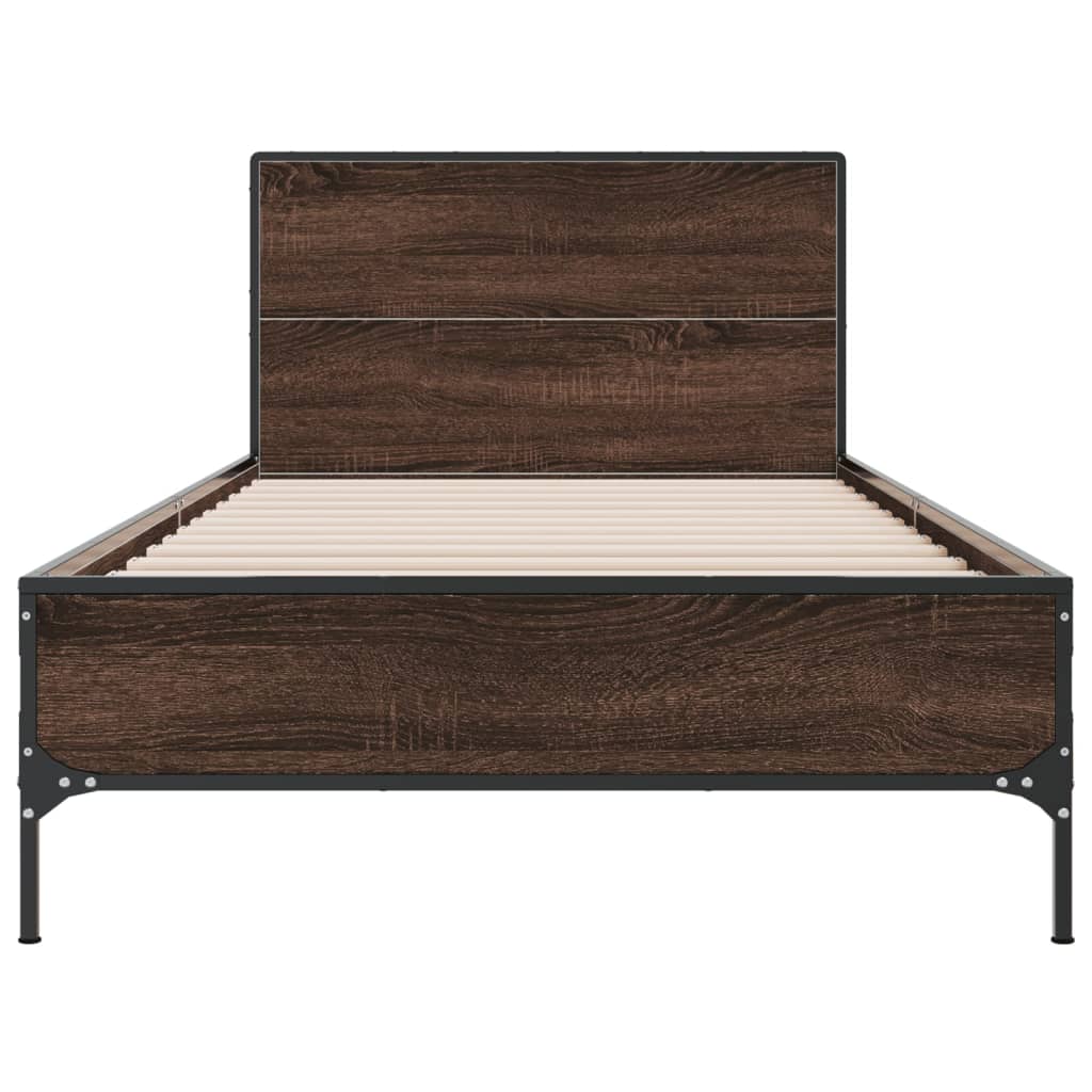 Bedframe bewerkt hout en metaal bruin eikenkleurig 90x190 cm is nu te koop bij PeponiXL, paradijselijk wonen!