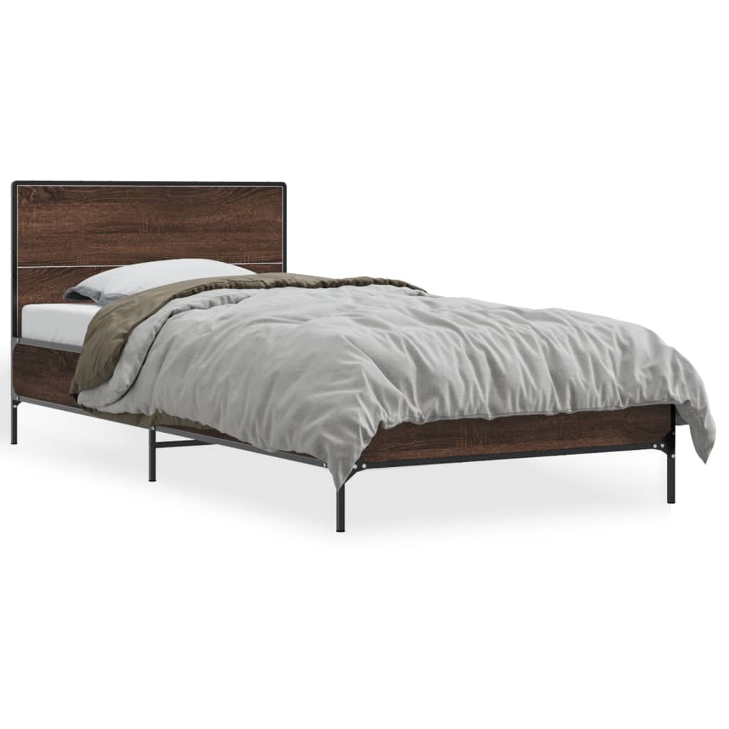 Bedframe bewerkt hout en metaal bruin eikenkleurig 90x190 cm is nu te koop bij PeponiXL, paradijselijk wonen!