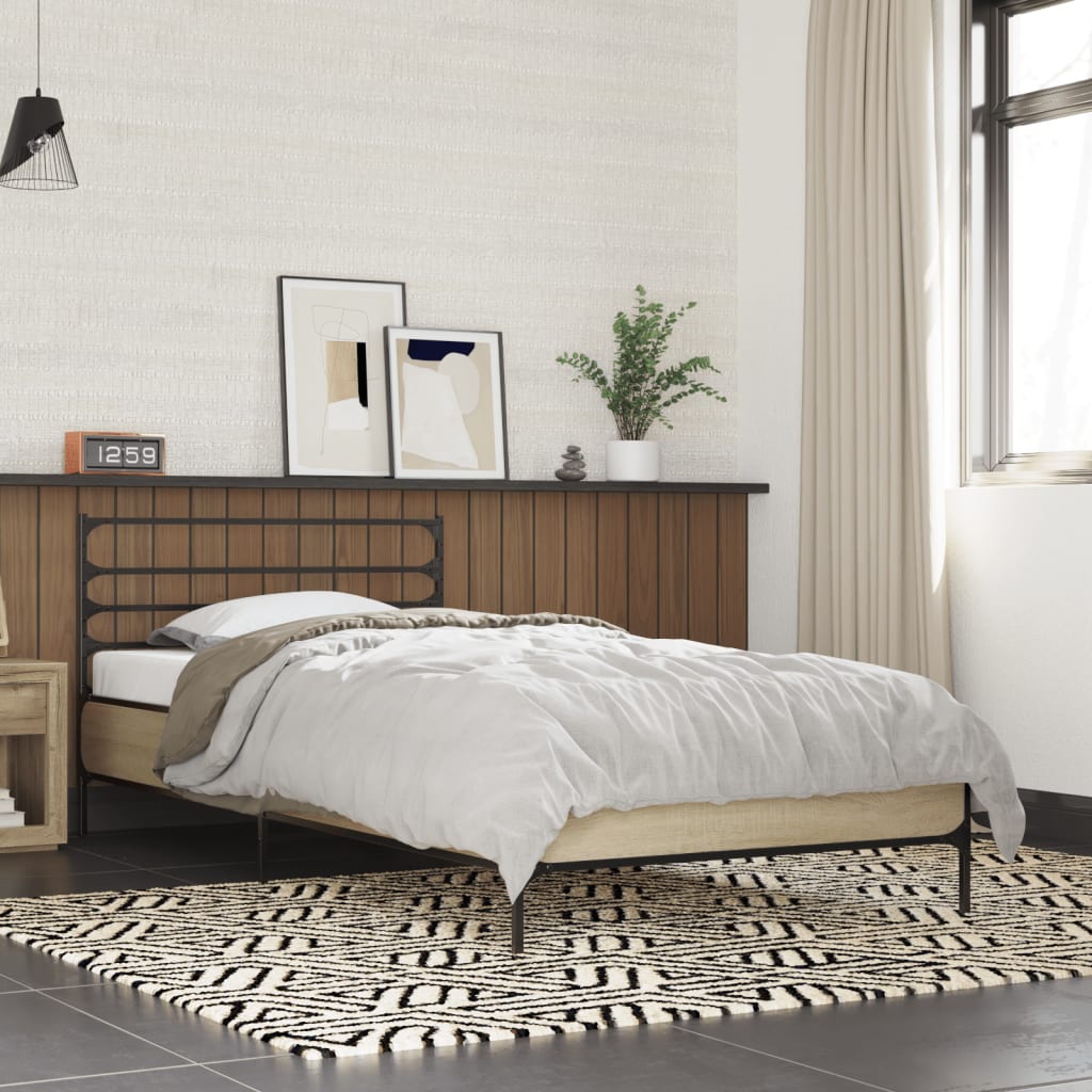 Bedframe bewerkt hout en metaal sonoma eikenkleurig 90x200 cm is nu te koop bij PeponiXL, paradijselijk wonen!