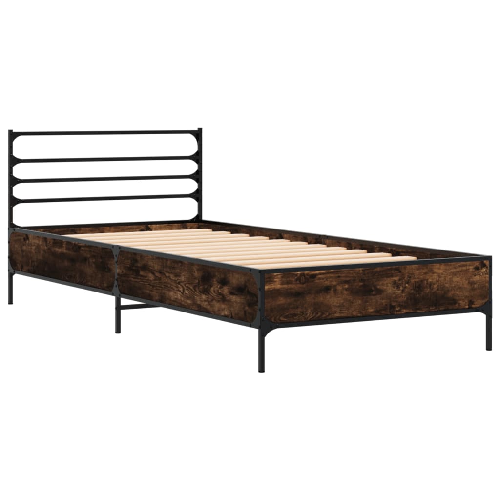 Bedframe bewerkt hout en metaal gerookt eikenkleurig 90x200 cm is nu te koop bij PeponiXL, paradijselijk wonen!