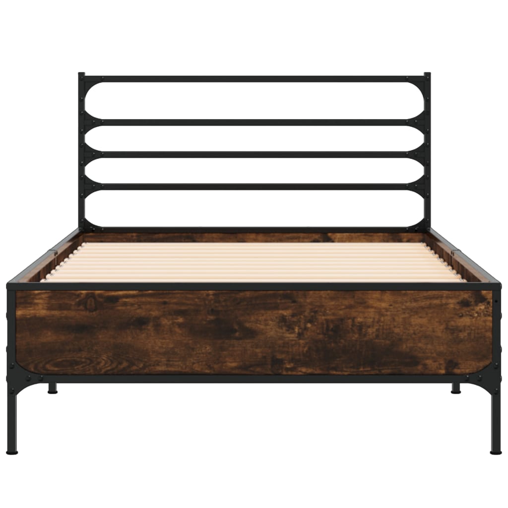 Bedframe bewerkt hout en metaal gerookt eikenkleurig 90x200 cm is nu te koop bij PeponiXL, paradijselijk wonen!