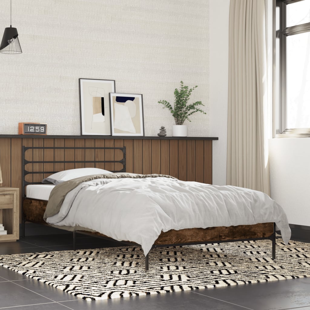 Bedframe bewerkt hout en metaal gerookt eikenkleurig 90x200 cm is nu te koop bij PeponiXL, paradijselijk wonen!