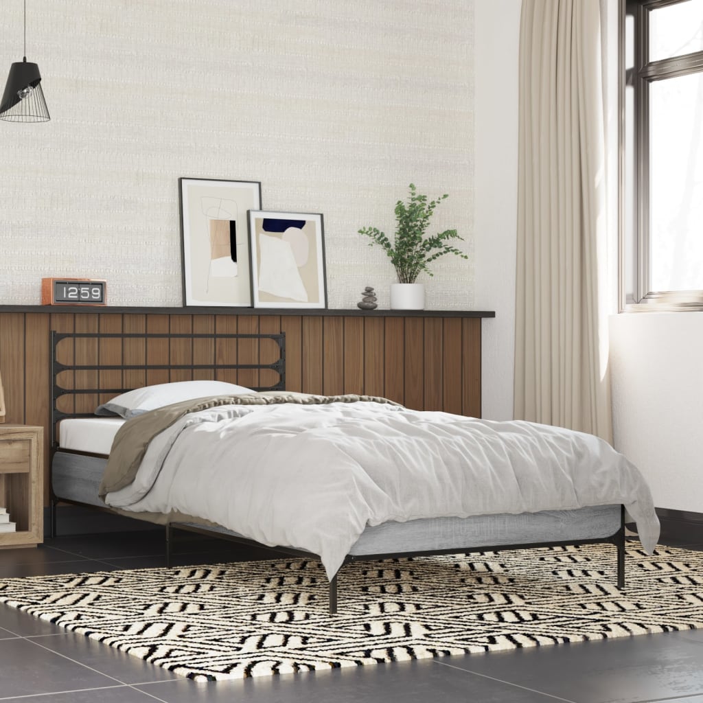 Bedframe bewerkt hout en metaal grijs sonoma eiken 90x200 cm is nu te koop bij PeponiXL, paradijselijk wonen!