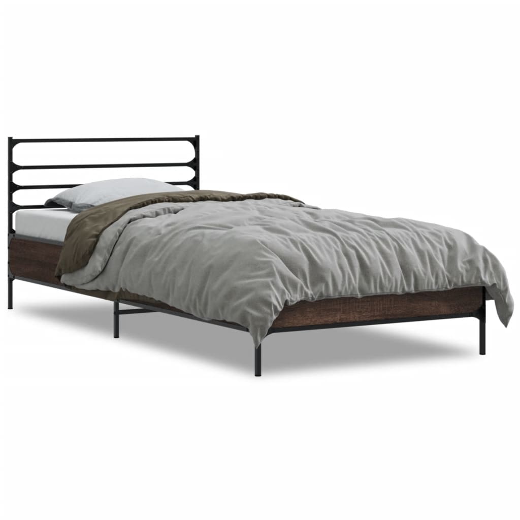 Bedframe bewerkt hout en metaal bruin eikenkleurig 90x200 cm is nu te koop bij PeponiXL, paradijselijk wonen!