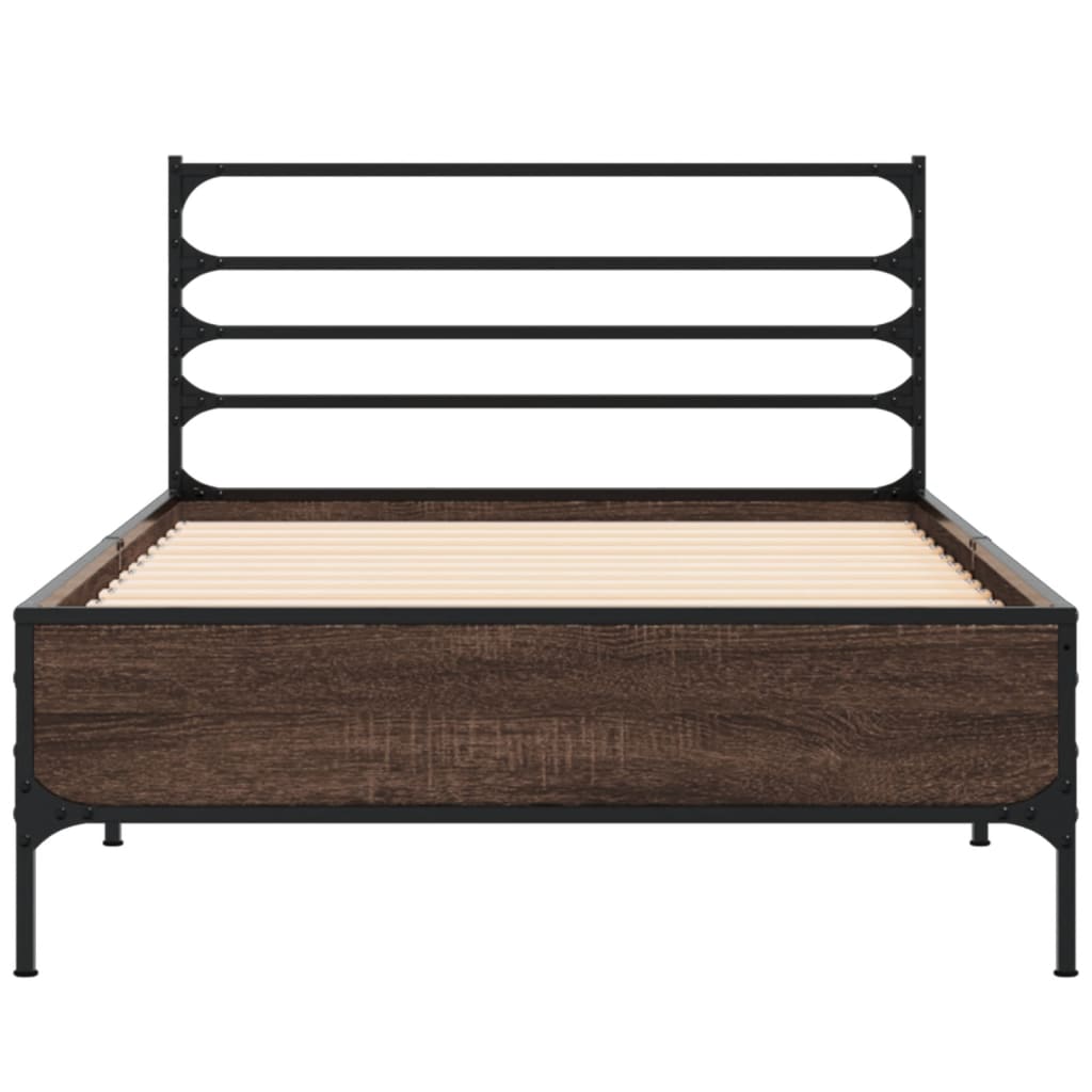 Bedframe bewerkt hout en metaal bruin eikenkleurig 90x200 cm is nu te koop bij PeponiXL, paradijselijk wonen!