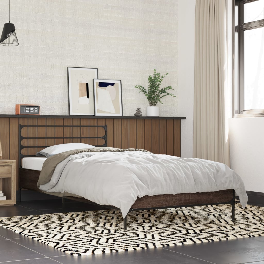 Bedframe bewerkt hout en metaal bruin eikenkleurig 90x200 cm is nu te koop bij PeponiXL, paradijselijk wonen!