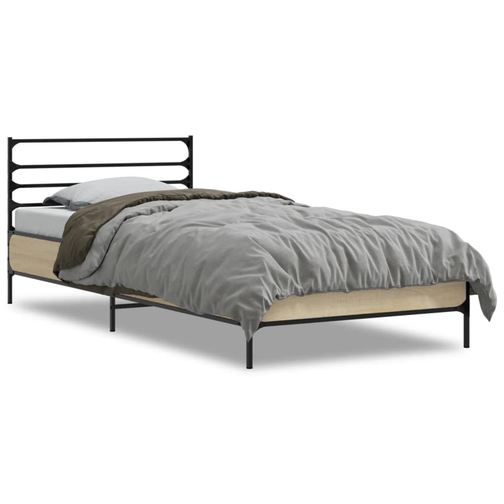 Bedframe bewerkt hout en metaal sonoma eikenkleurig 100x200 cm is nu te koop bij PeponiXL, paradijselijk wonen!