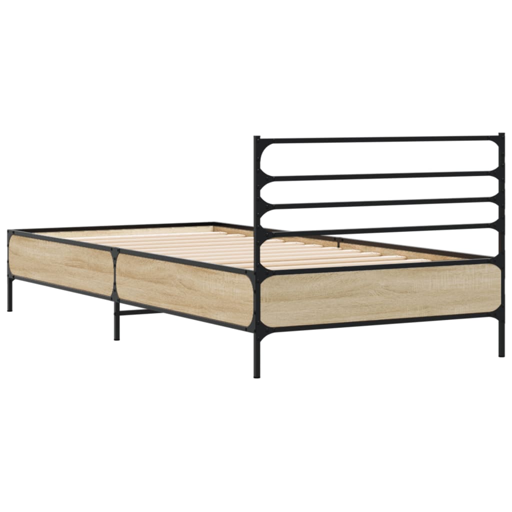 Bedframe bewerkt hout en metaal sonoma eikenkleurig 100x200 cm is nu te koop bij PeponiXL, paradijselijk wonen!