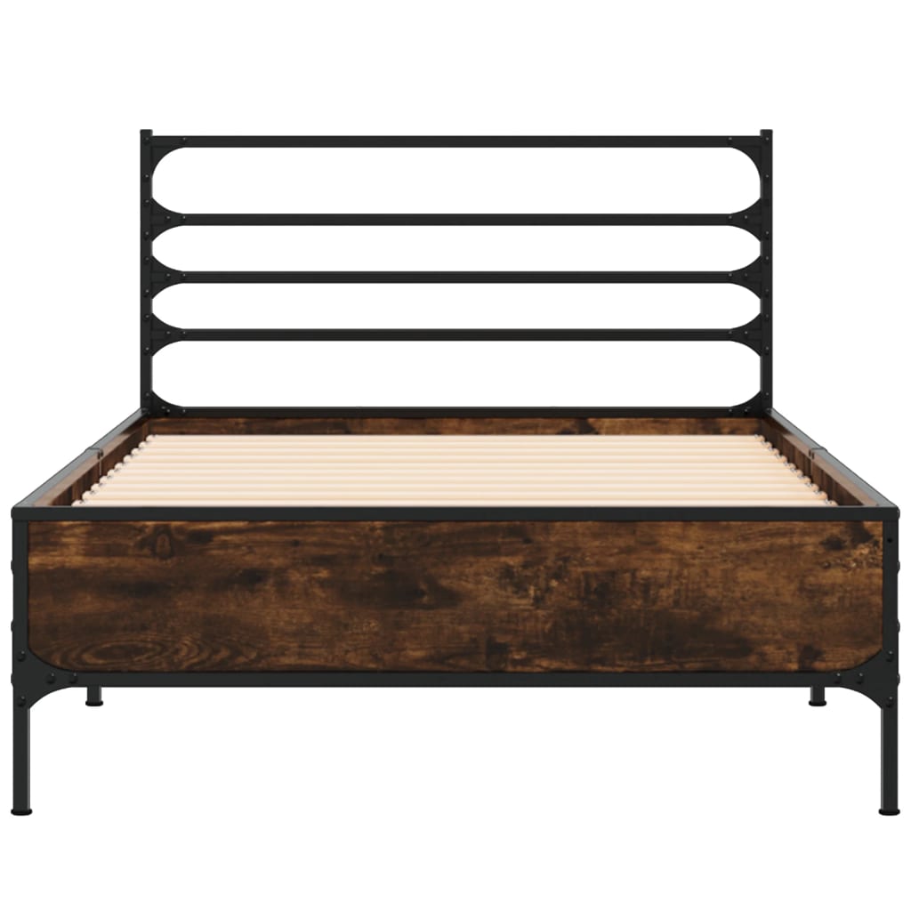 Bedframe bewerkt hout en metaal gerookt eikenkleurig 100x200 cm is nu te koop bij PeponiXL, paradijselijk wonen!