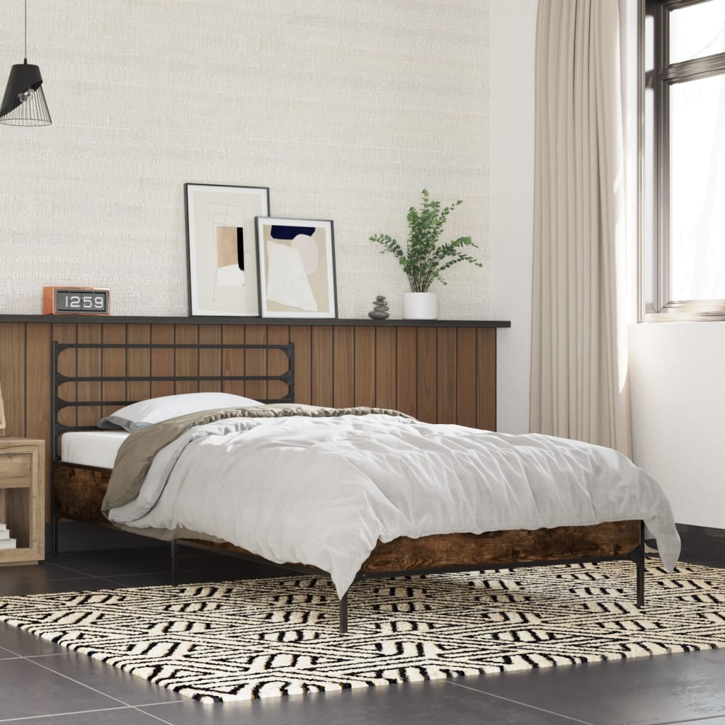 Bedframe bewerkt hout en metaal gerookt eikenkleurig 100x200 cm is nu te koop bij PeponiXL, paradijselijk wonen!
