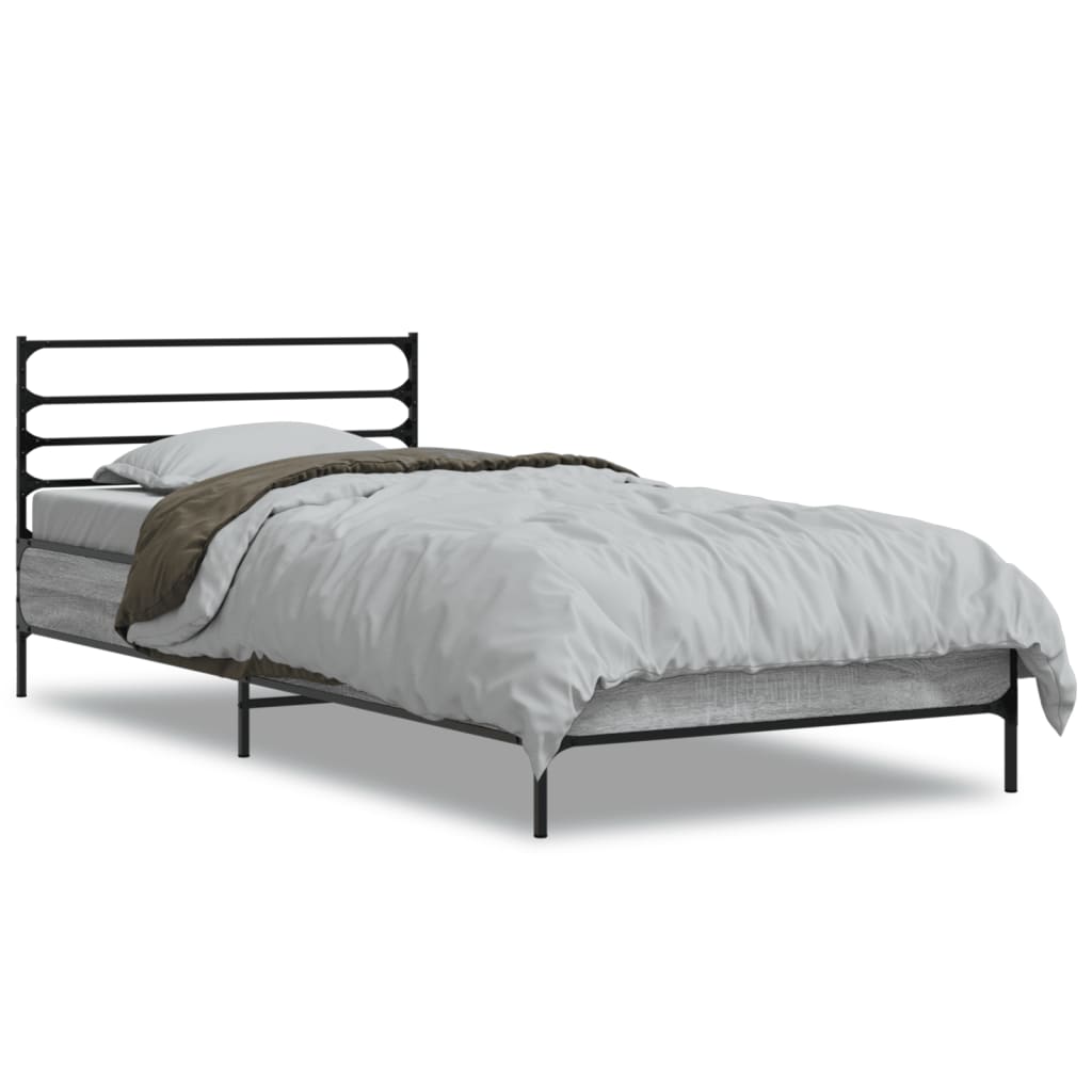 Bedframe bewerkt hout en metaal grijs sonoma eiken 100x200 cm is nu te koop bij PeponiXL, paradijselijk wonen!