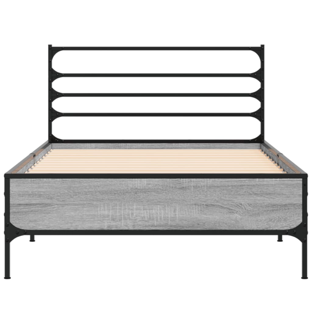 Bedframe bewerkt hout en metaal grijs sonoma eiken 100x200 cm is nu te koop bij PeponiXL, paradijselijk wonen!