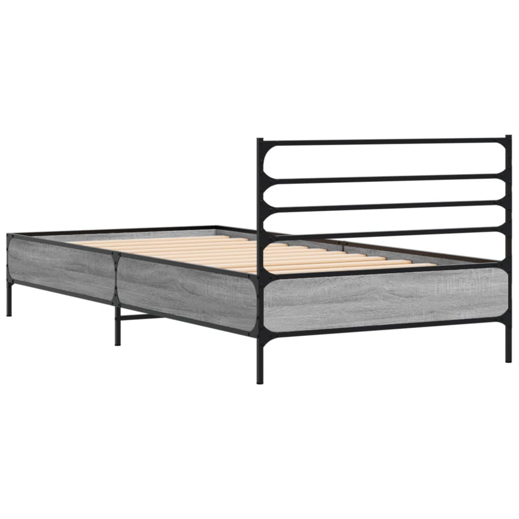 Bedframe bewerkt hout en metaal grijs sonoma eiken 100x200 cm is nu te koop bij PeponiXL, paradijselijk wonen!