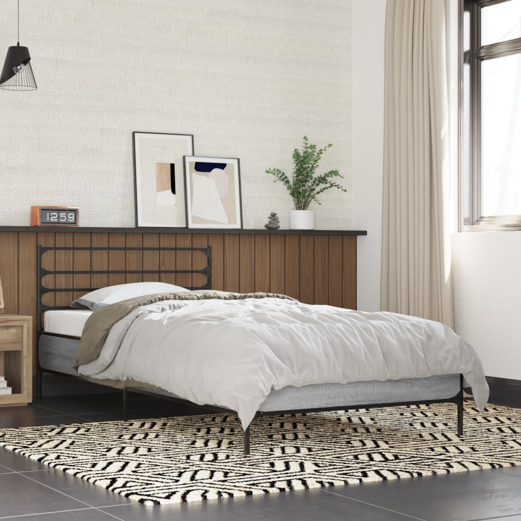 Bedframe bewerkt hout en metaal grijs sonoma eiken 100x200 cm is nu te koop bij PeponiXL, paradijselijk wonen!