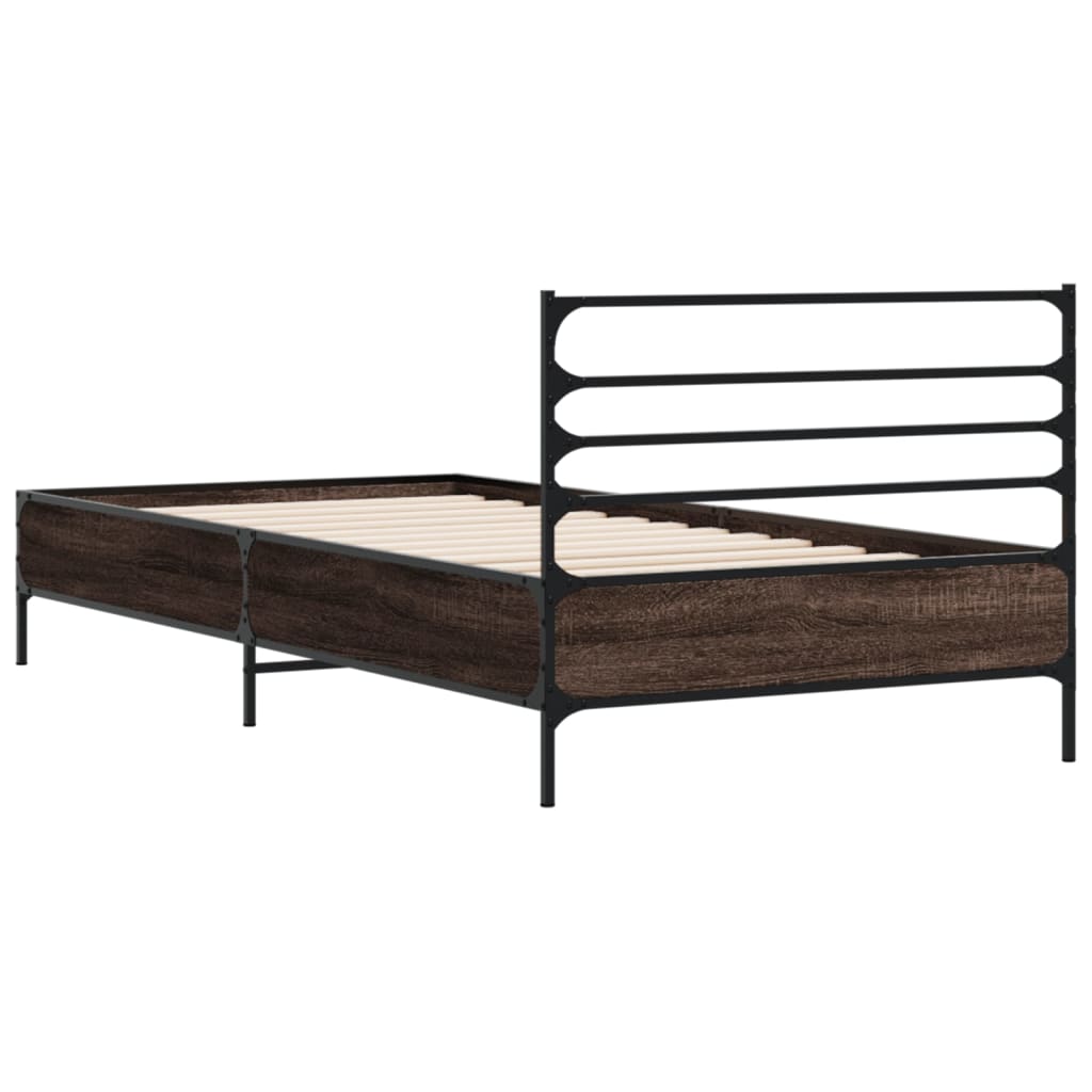 Bedframe bewerkt hout en metaal bruin eikenkleurig 100x200 cm is nu te koop bij PeponiXL, paradijselijk wonen!