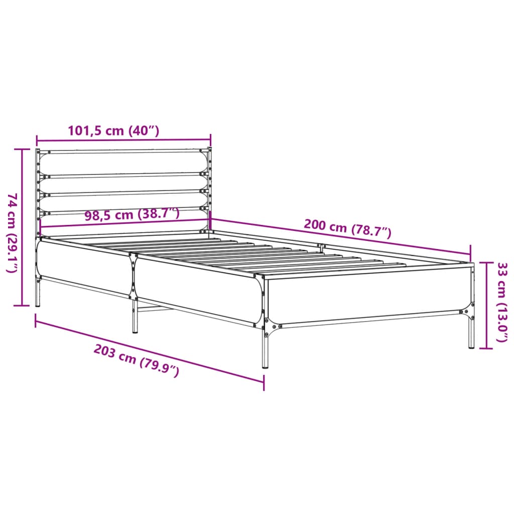 Bedframe bewerkt hout en metaal bruin eikenkleurig 100x200 cm is nu te koop bij PeponiXL, paradijselijk wonen!