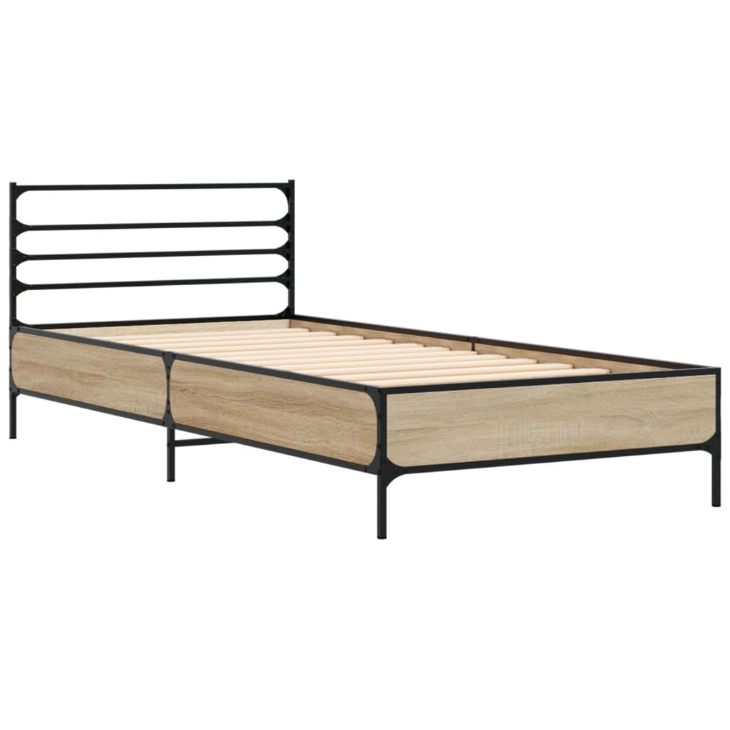 Bedframe bewerkt hout en metaal sonoma eikenkleurig 75x190 cm is nu te koop bij PeponiXL, paradijselijk wonen!