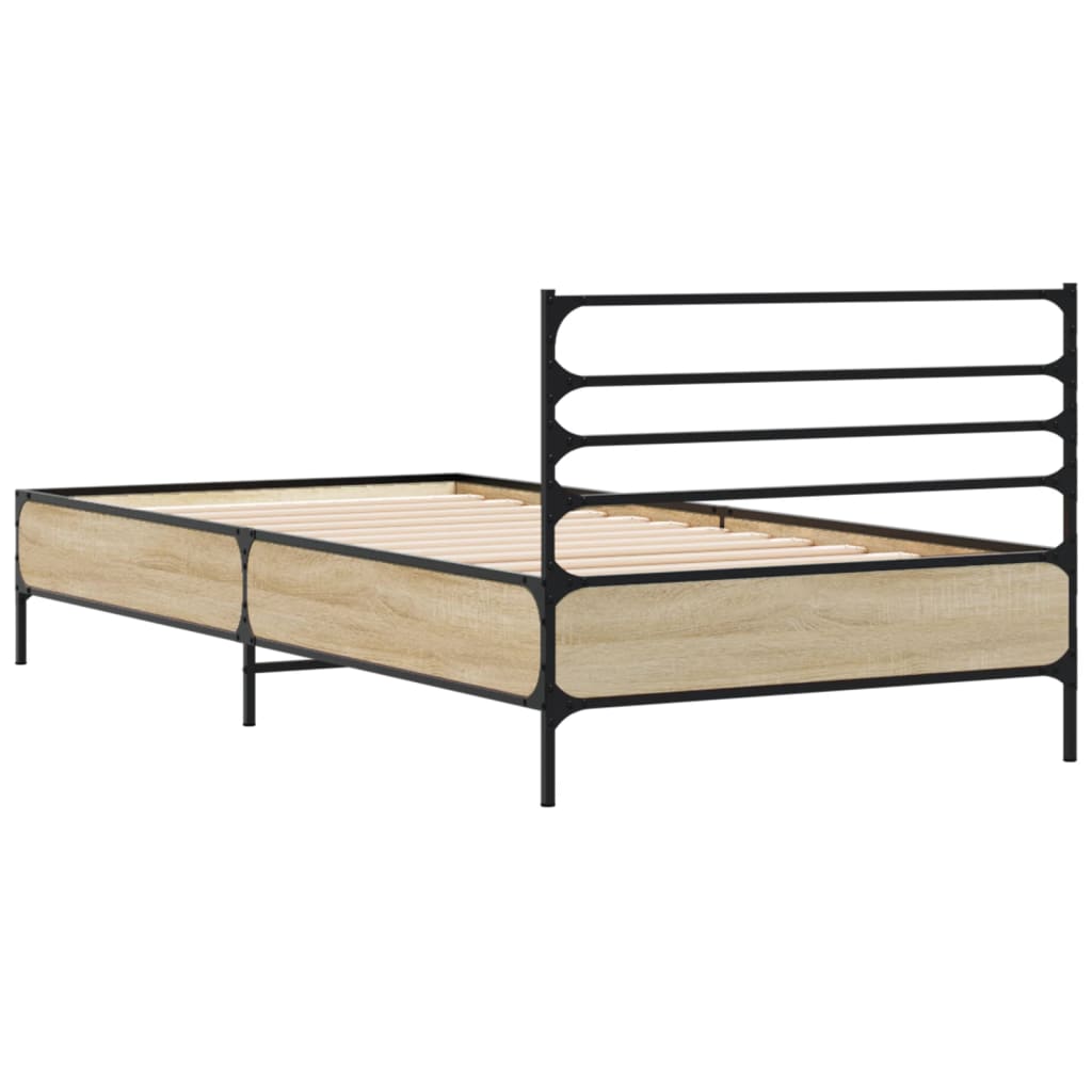 Bedframe bewerkt hout en metaal sonoma eikenkleurig 75x190 cm is nu te koop bij PeponiXL, paradijselijk wonen!
