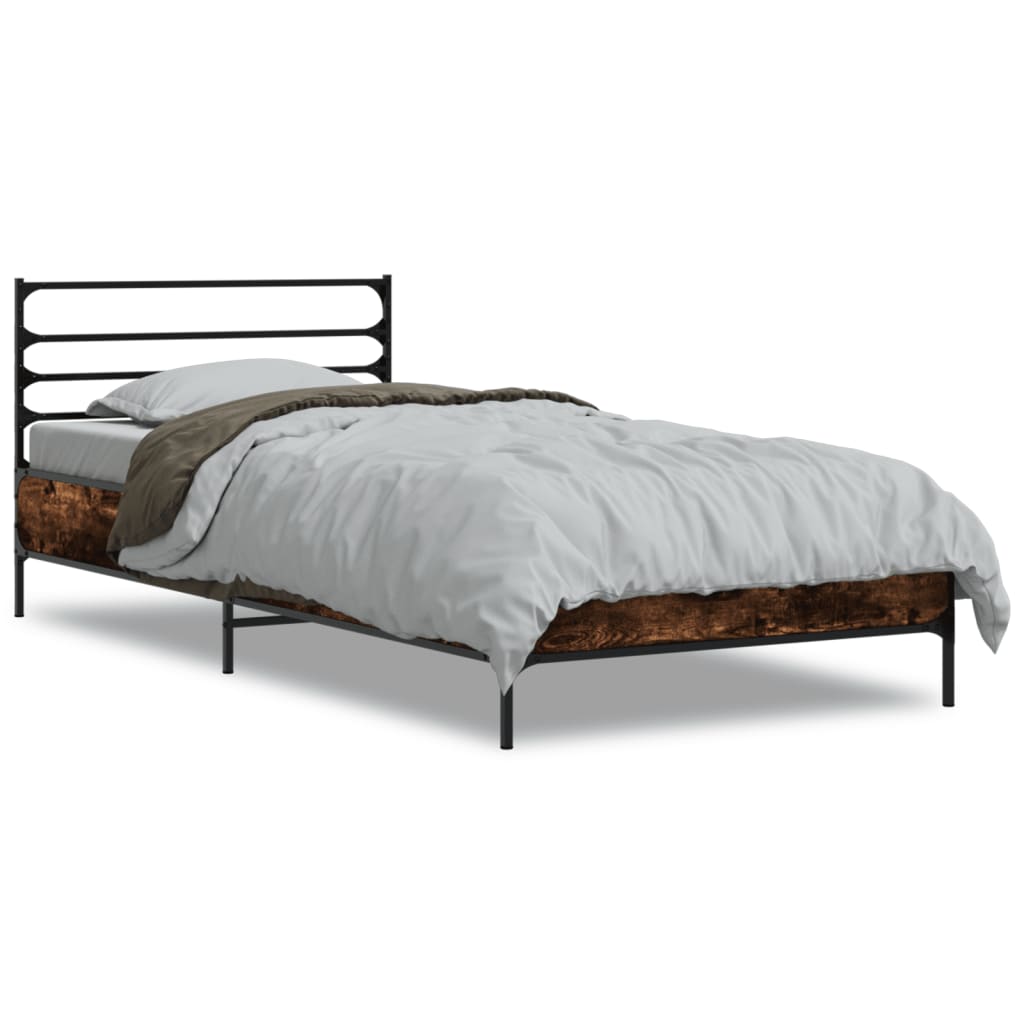 Bedframe bewerkt hout en metaal gerookt eikenkleurig 75x190 cm is nu te koop bij PeponiXL, paradijselijk wonen!