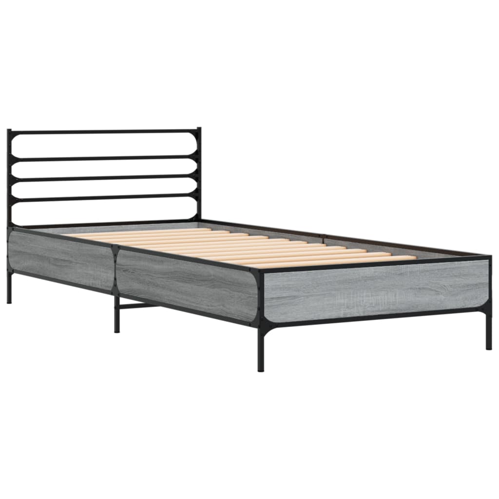 Bedframe bewerkt hout en metaal grijs sonoma eiken 75x190 cm is nu te koop bij PeponiXL, paradijselijk wonen!